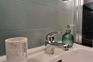 a bathroom sink with a faucet and a roll of toilet paper at Le Montagnard in Mijoux