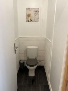 a bathroom with a toilet in a small room at Serene Wilderness Getaway for 15 next to a historic castle 