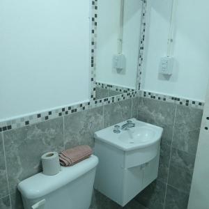 聖地亞哥－德爾埃斯特羅的住宿－Acogedor y familiar departamento c est，白色的浴室设有卫生间和水槽。