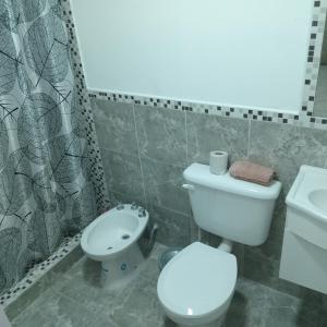 a bathroom with a white toilet and a sink at Acogedor y familiar departamento c est in Santiago del Estero