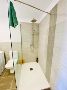 a bathroom with a shower and a toilet at Golden Wave Surf Villa in Corralejo
