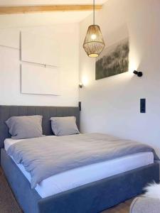 a bedroom with a large bed with a light fixture at Nordic Harmony Home - Prignitz 