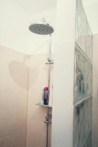 a bathroom with a shower with a shower head at Robert's Apartment in Bistriţa