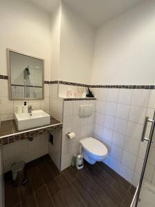 a bathroom with a toilet and a sink and a mirror at MWM Gästehaus-Zimmervermietung in Meine