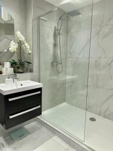 a bathroom with a shower and a sink at Superior Apartment In Cardiff City Centre in Cardiff
