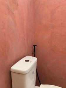 La salle de bains est pourvue de toilettes blanches et d'un mur rose. dans l'établissement Uwak Gallery, à Zambales