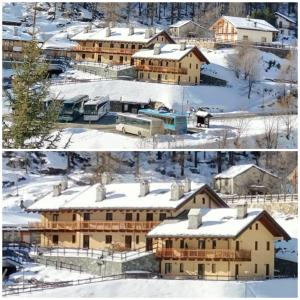 two pictures of a building covered in snow at PUNTA VITTORIA SUB 14 - RESIDENCE ANDERBATT GRESSONEY - 3 locali - CIR N 0010 in Staval