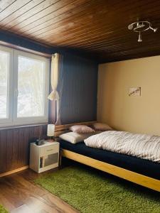 um quarto com uma cama e uma janela em Charmante Ferienwohnung direkt im Ski- und Wandergebiet em Schwarzenberg im Bregenzerwald