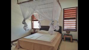 a bedroom with a bed with a canopy and windows at Villa Agay in Nosy Be