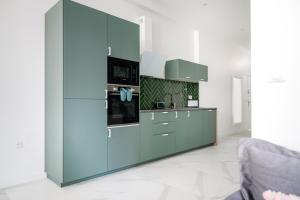 a kitchen with green cabinets and a stove at Spacious apartments for 6 people #3 in Asnières-sur-Seine