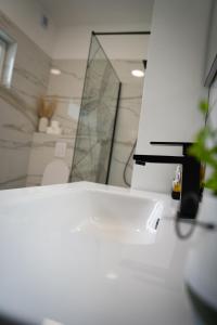 a bathroom with a mirror and a white sink at Apartment Una Laguna in Bihać