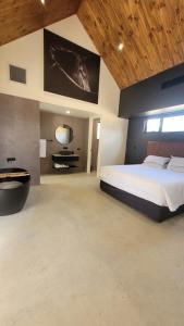 a large bedroom with a large bed and a mirror at Chalet Hills in Sampsons Flat