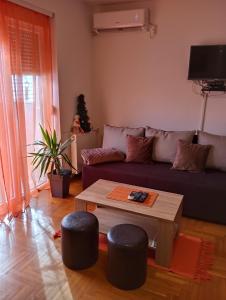Apartman Radmanovac في Vrnjačka Banja: غرفة معيشة مع أريكة وطاولة