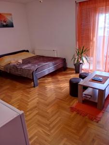 1 dormitorio con 1 cama y suelo de madera en Apartman Radmanovac, en Vrnjačka Banja