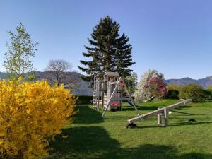 une aire de jeux dans un champ avec un arbre dans l'établissement Brettmaisserhof, à Ternberg