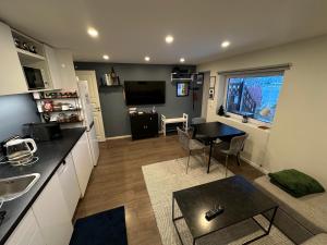 a kitchen and a living room with a table and a kitchen and a living room at Great place with view to the mountains and fjord in Ålesund