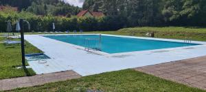 an empty swimming pool in a grassy field at Villa Gejzir 37 in Karlovy Vary