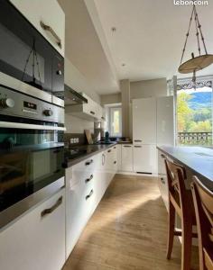 a kitchen with white cabinets and a large kitchen island at Appartement cosy avec vue imprenable sur le parc d’uriage in Saint-Martin-dʼUriage