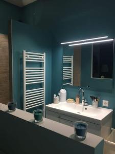 La salle de bains est pourvue d'un lavabo et d'un miroir. dans l'établissement Appartement cosy avec vue imprenable sur le parc d’uriage, à Saint-Martin-dʼUriage