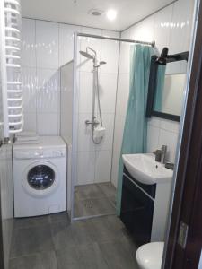 een badkamer met een wasmachine en een wastafel bij Квартира з чердаком 2 in Loetsk