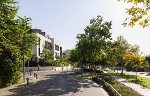 an empty street with trees and a building at THE Y HOUSE in Jerusalem