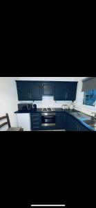Clooney Park的住宿－Roulsten Retreat，厨房配有蓝色橱柜和炉灶烤箱。