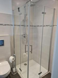 a bathroom with a glass shower with a toilet at Oase der Ruhe: Haus mit Garten in Lohmar