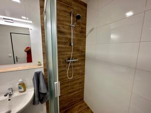 a bathroom with a shower and a sink at Hotel Hangar in Mošnov