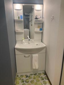Baño pequeño con lavabo y espejo en 難波心斎橋10 minutes民宿3号室 en Osaka