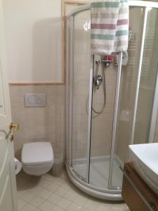 W łazience znajduje się prysznic, toaleta i umywalka. w obiekcie PIANO TERRA CON GIARDINO VICINO AL MARE w Viareggio