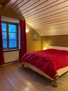 バート・ラウターベルクにあるAußergewöhnliche Ferienwohnungen im Cottage im Harz - Earl's Lane - Schottland im Harzのベッドルーム1室(赤いベッド1台、大きな窓付)