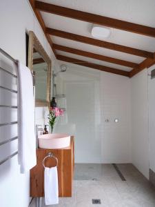 a bathroom with a sink and a mirror at Shawwood Cottage in Mudgee