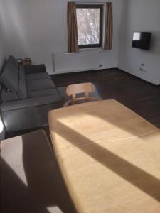 ein Wohnzimmer mit einem Sofa, einem Tisch und einem Stuhl in der Unterkunft Ferienwohnung Anton in Lofer