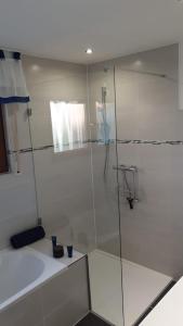 a bathroom with a glass shower and a sink at Oase der Ruhe: Haus mit Garten in Lohmar