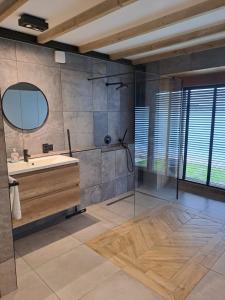 een grote badkamer met een wastafel en een spiegel bij Villa the Tulip JACK in Julianadorp