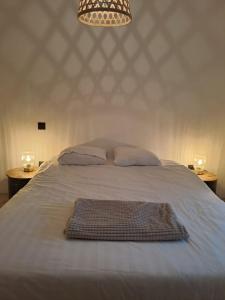 een slaapkamer met een bed met 2 tafels en een kroonluchter bij Villa the Tulip JACK in Julianadorp