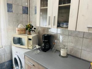 a kitchen with a microwave and a washing machine at Apartament Cornelia in Buzău