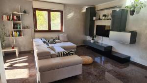 ein Wohnzimmer mit einem Sofa und einem TV in der Unterkunft Casa Vignolet : la finestra su Pont-Saint-Martin in Pont-Saint-Martin