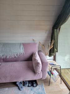 a purple couch in a living room with a table at Handa pod in scottish highlands. in Scourie