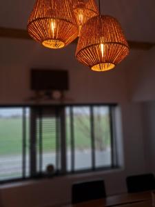 twee Chinese lampen aan een plafond met een tafel bij villa the Tulip JULIA in Julianadorp