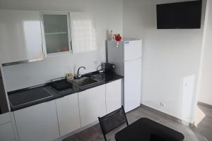 een keuken met een wastafel en een koelkast bij Fifty´s House in Ribeira Brava