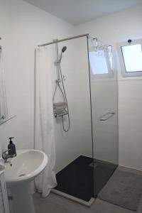 een badkamer met een douche en een wastafel bij Fifty´s House in Ribeira Brava