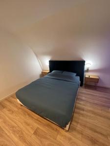 een slaapkamer met een bed en een houten vloer bij BT 2, appartement in Rosny-sous-Bois