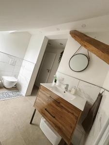 a bathroom with a sink and a mirror on the wall at Ferienwohnung Samy in Bayreuth