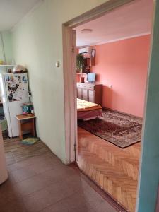 an open door to a kitchen with a refrigerator at One room in apartment in the park center area of Chisinau in Chişinău