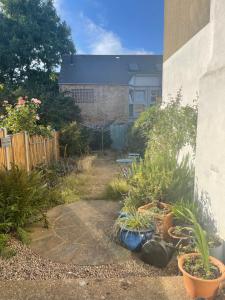 a garden with potted plants next to a building at 4 Birkbeck Road Beckenham BR3 4SN in Elmers End