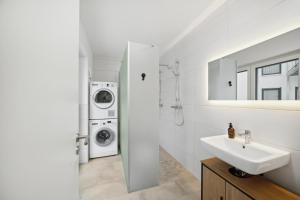 uma casa de banho com um lavatório e uma máquina de lavar roupa em Sali Homes AM14 großes Apartment mit Terrasse im Zentrum em Bayreuth