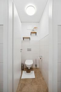 a white bathroom with a toilet and a white ceiling at Sali Homes AM14 großes Apartment mit Terrasse im Zentrum in Bayreuth