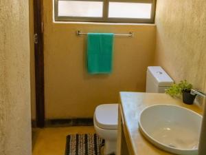 a bathroom with a toilet and a sink and a window at Impala Cottage in Hoedspruit