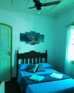 um quarto azul com uma cama e uma ventoinha de tecto em Pousada Coco Verde em Paraty